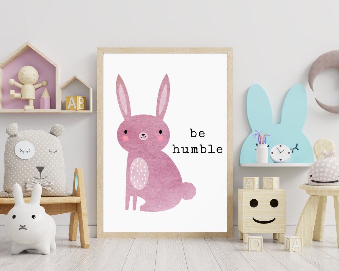Be Humble Sweet Pink Watercolor Bunny Nursery Affirmation Poster - Image 3
