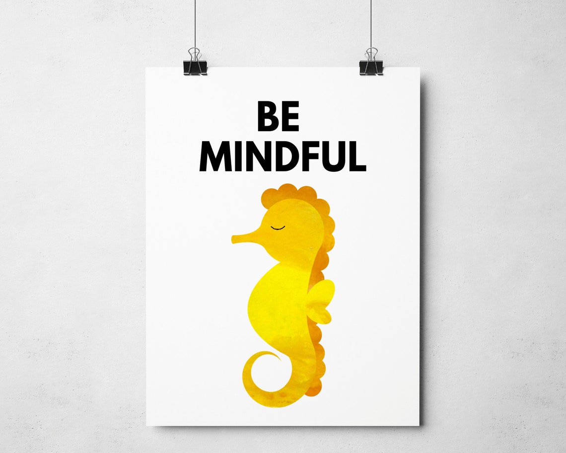 Be Mindful Yellow Watercolor Seahorse Nursery Affirmation Poster - Image 2