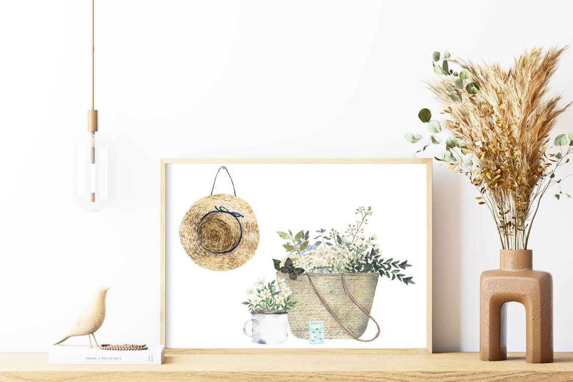 Straw Hat Market Tote Wildflowers Watercolor Garden Decor Poster - Image 6
