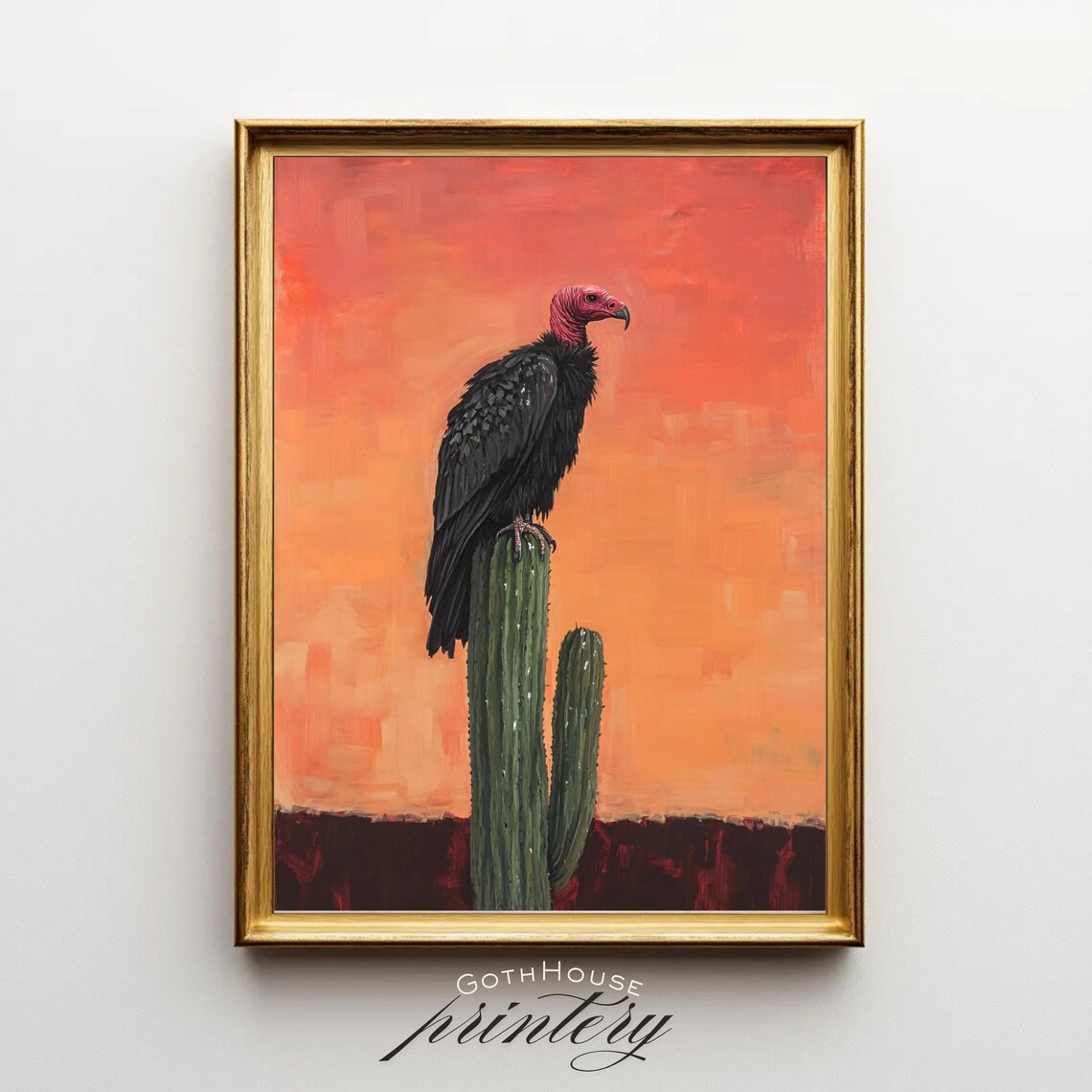 Vulture Desert Gothic Sunset Cactus Art Print