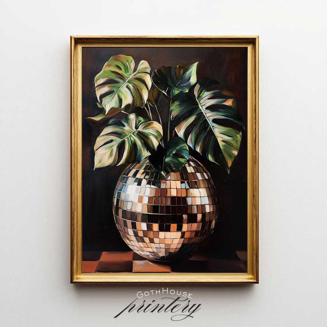 Monstera Disco Ball Planter Dark Moody Retro Botanical Wall Art