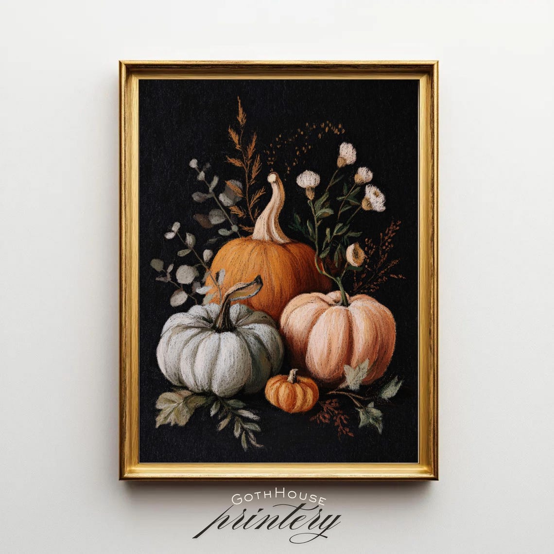 Autumn Pumpkins Botanical Floral Black Background Fall Wall Art