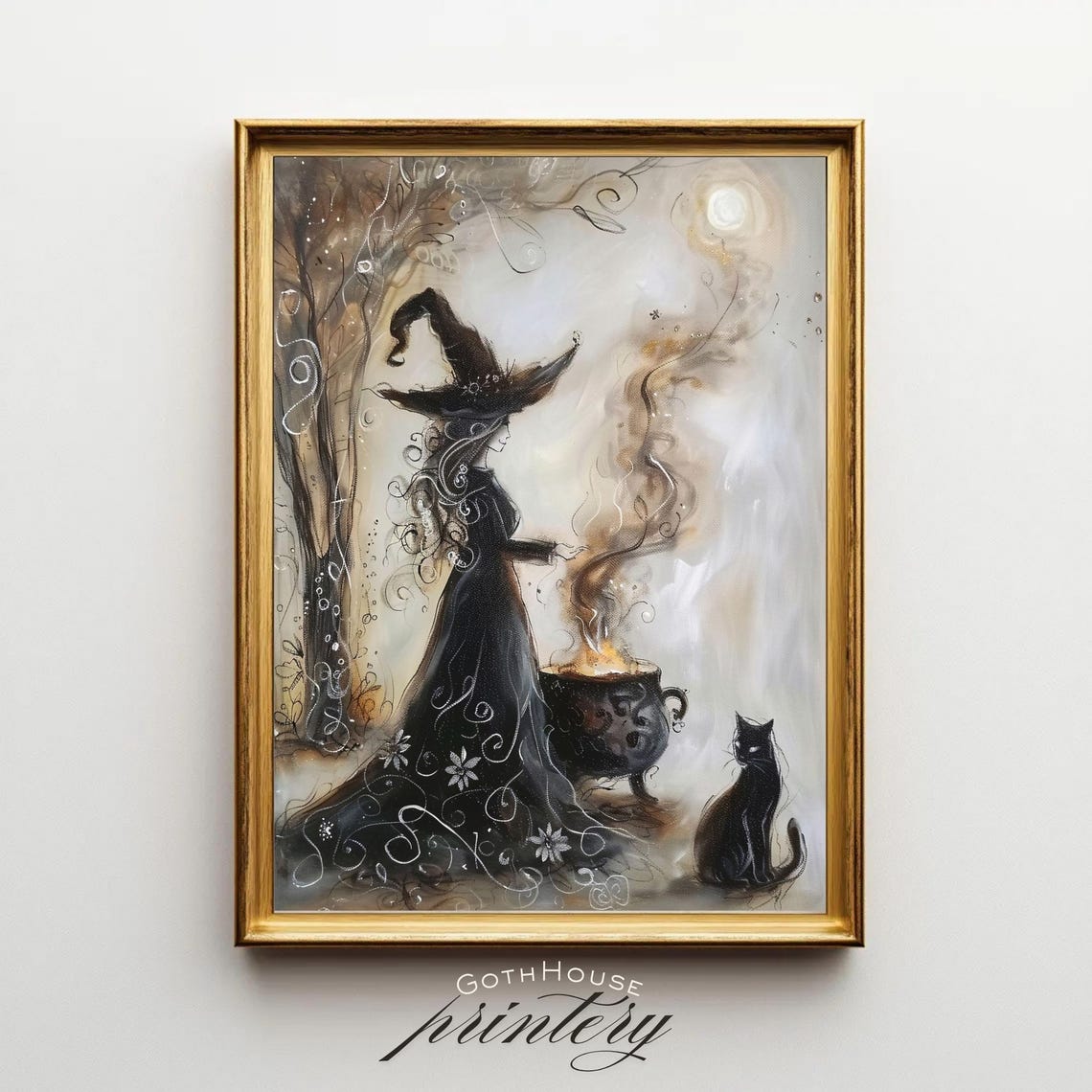 Gothic Witch with Cauldron and Black Cat Sepia Fantasy Art Poster