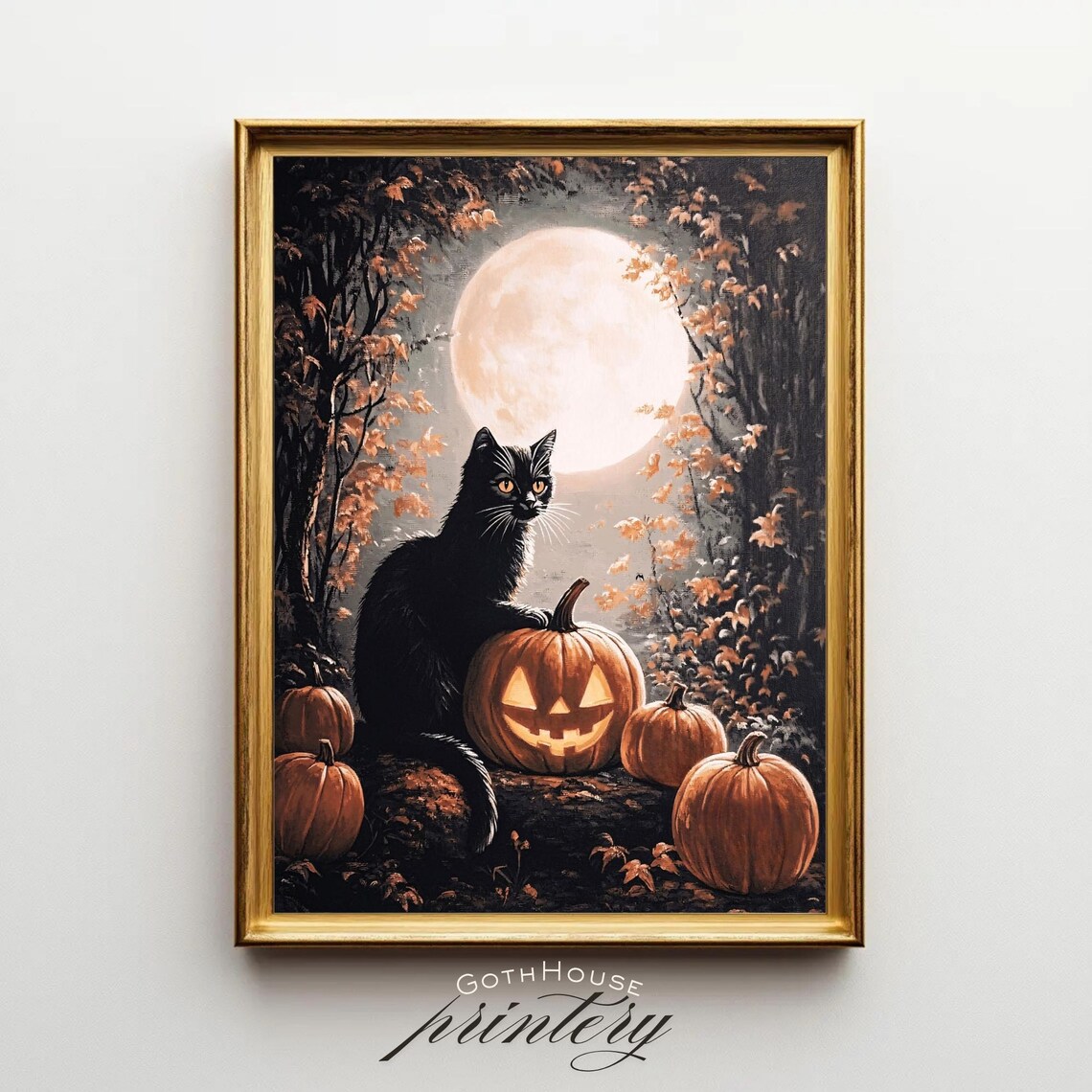 Black Cat Pumpkin Art Print, Vintage Spooky Decor
