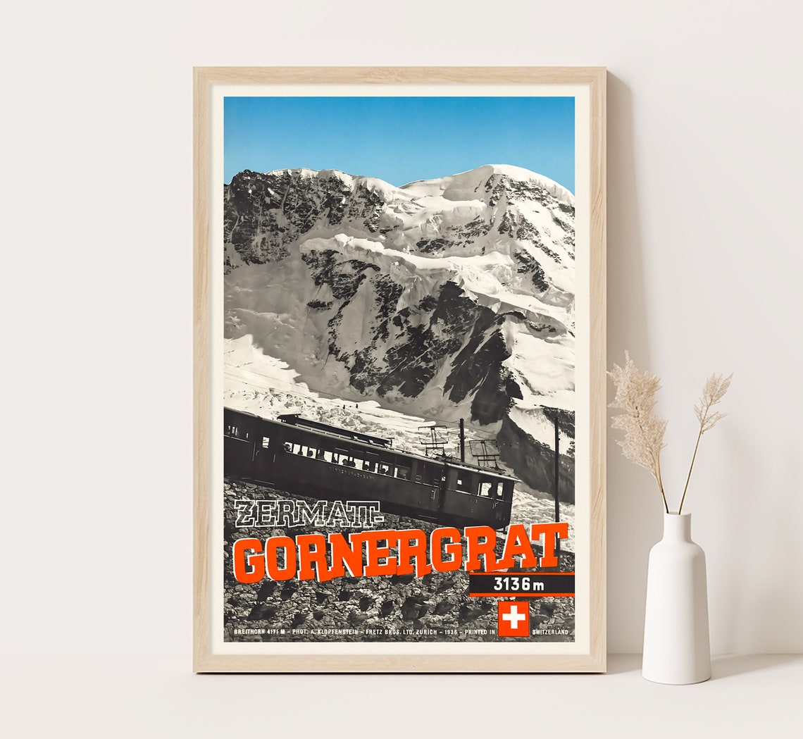 Zermatt Gornergrat Train Alpine Peaks Switzerland Vintage Poster Print