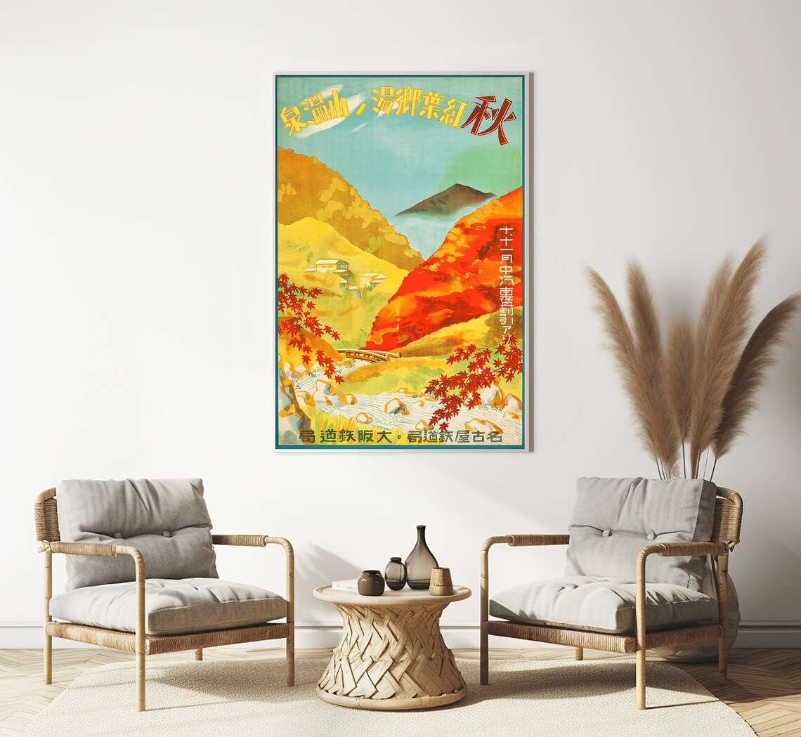 Yunoyama Onsen Japan Autumn Foliage Maple Valley Vintage Travel Poster - Image 3