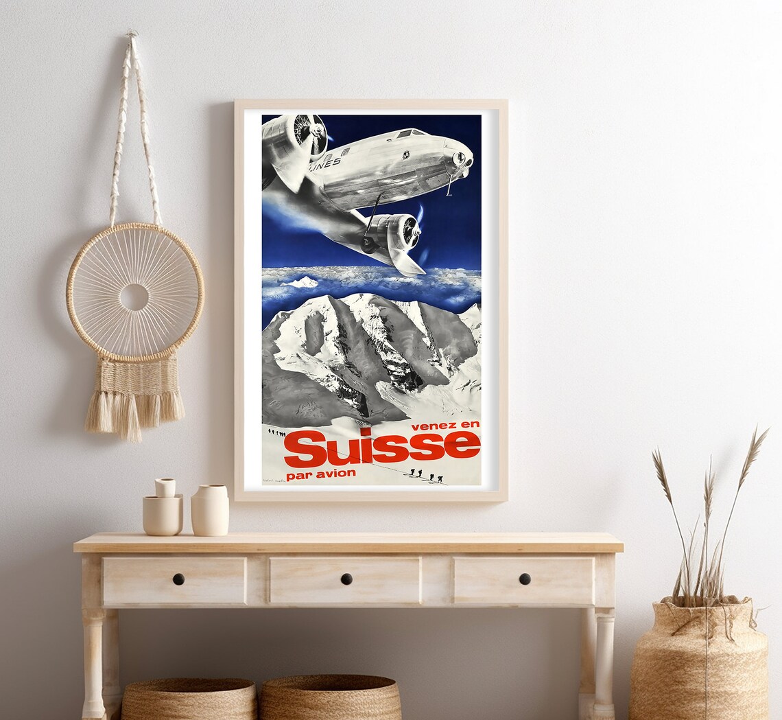 Venez En Suisse Par Avion Silver Airplane Snowy Alps Travel Poster - Image 4