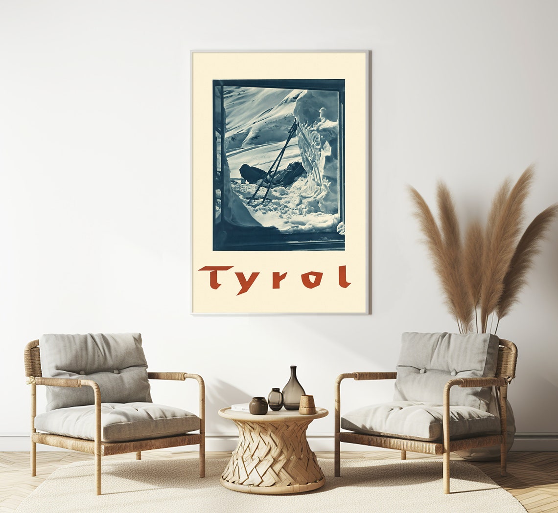 Tyrol Austria Snow Mountain Hut Skis Alpine Vintage Winter Poster - Image 3