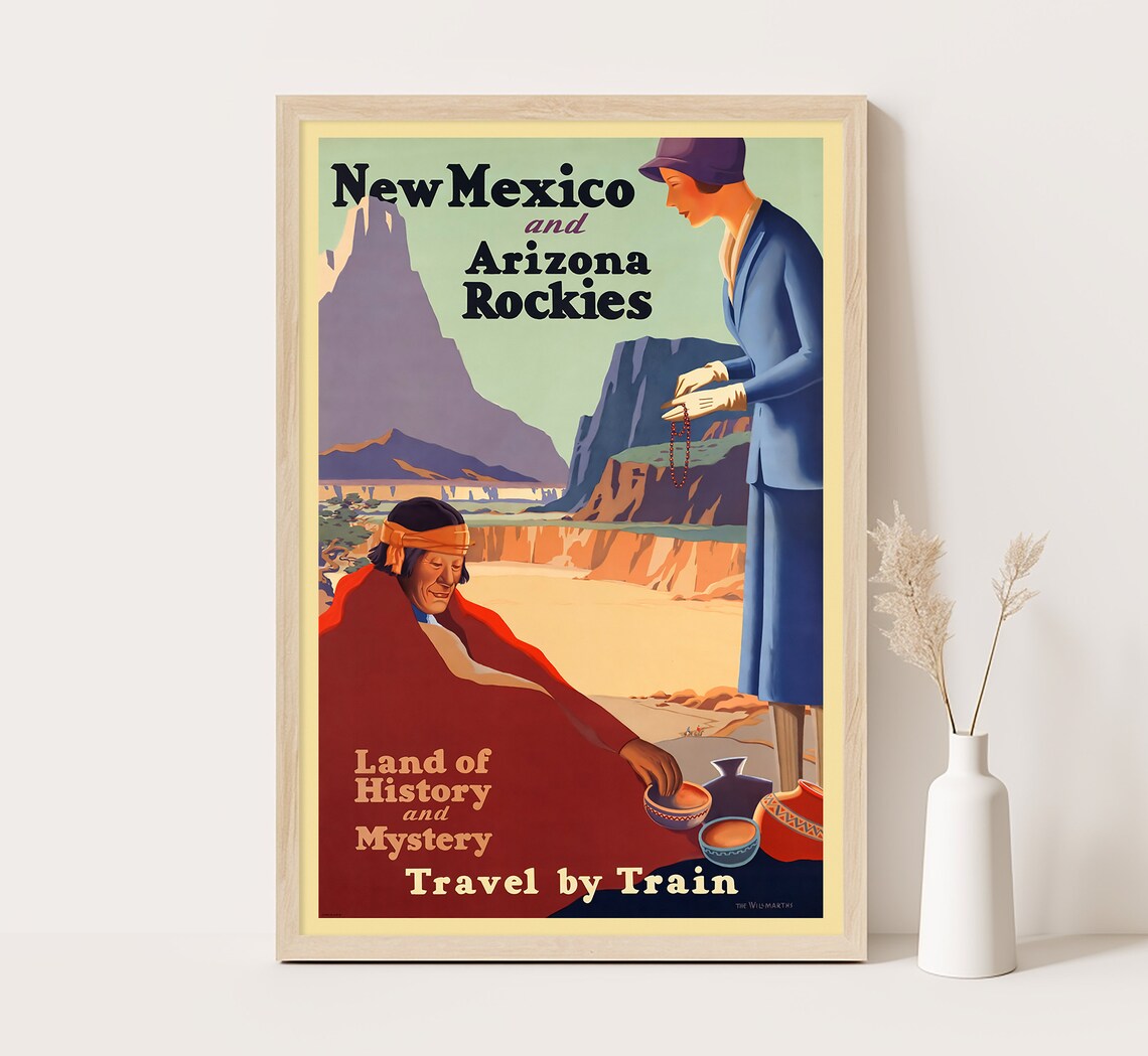 New Mexico Arizona Rockies Vintage Travel by Train Poster Art Print