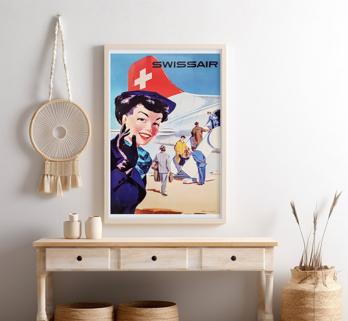 Swissair Vintage Stewardess Boarding Plane Retro Airline Travel Poster - Image 4