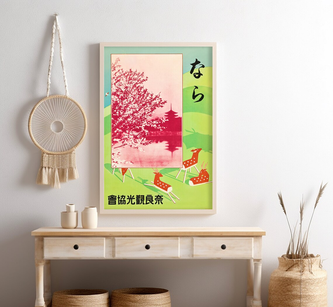 Nara Japan Cherry Blossom Deer Pagoda Spring Vintage Travel Poster - Image 4