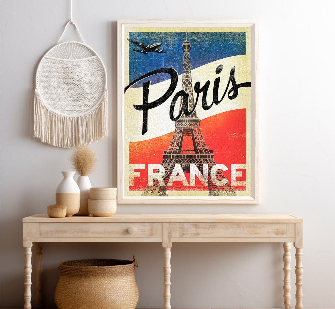 Paris France Eiffel Tower Vintage Airplane Retro Script Travel Poster - Image 4
