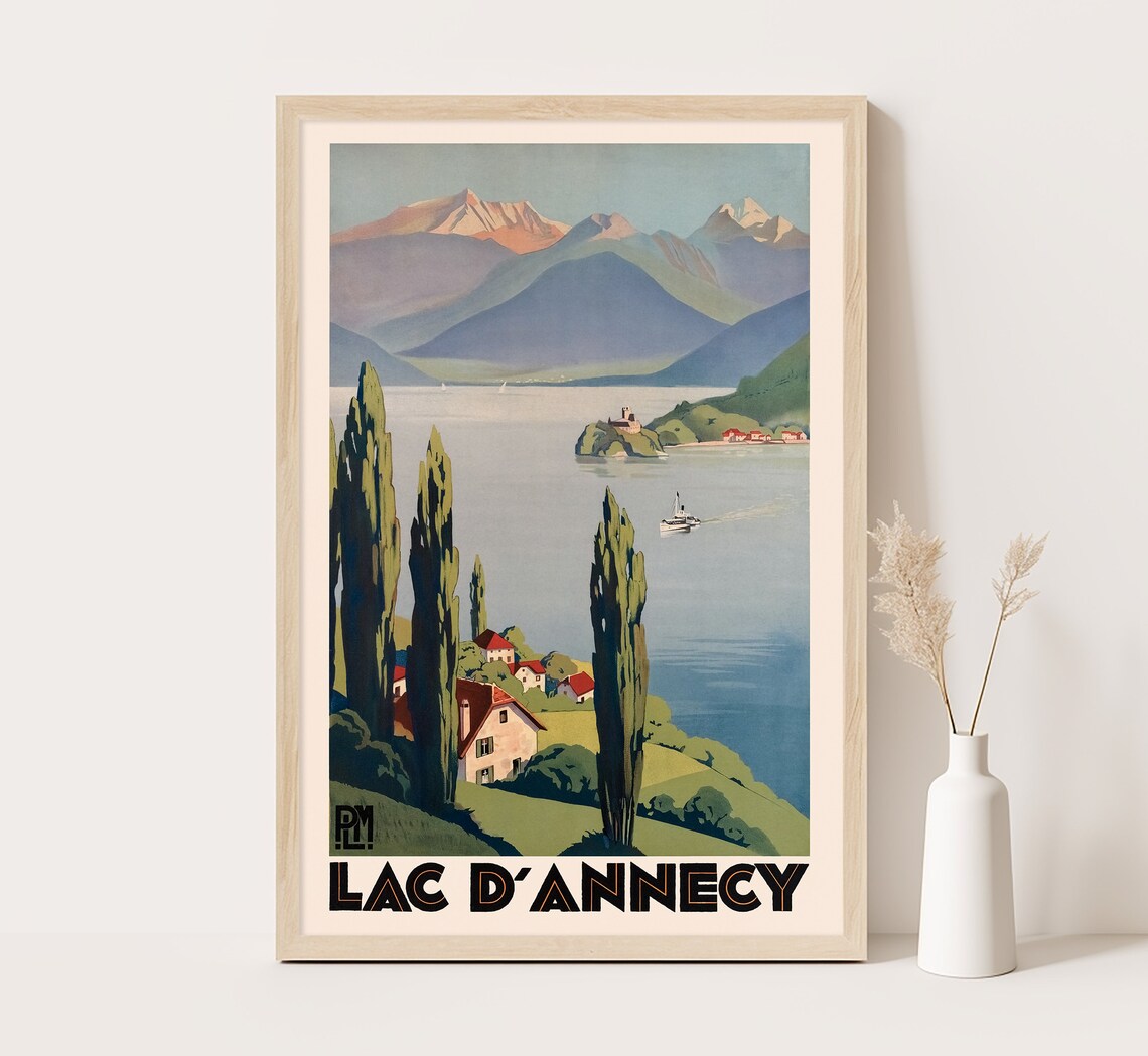 Lac D Annecy France Lake Mountains Cypress Shore Vintage Travel Poster