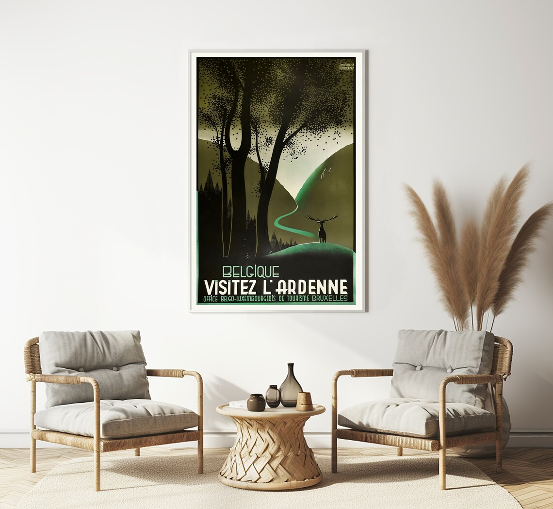 Belgian Ardenne Forest Stag Moonlit Hills Art Deco Vintage Poster - Image 3