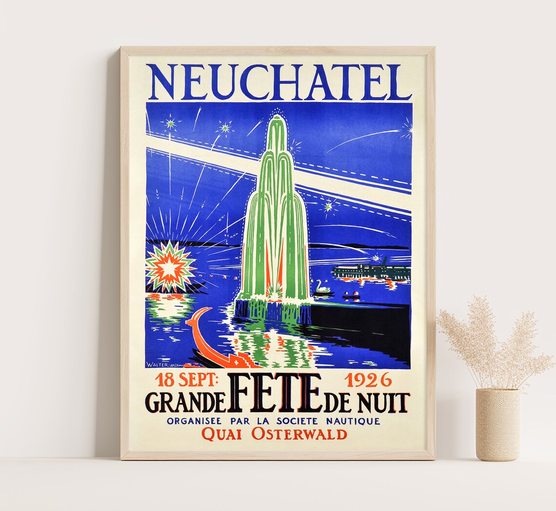 Neuchatel Switzerland Vintage Art Deco Travel Poster