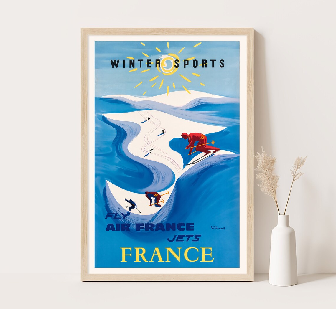 Air France Winter Sports Villemot Blue Ski Slopes Retro Travel Poster