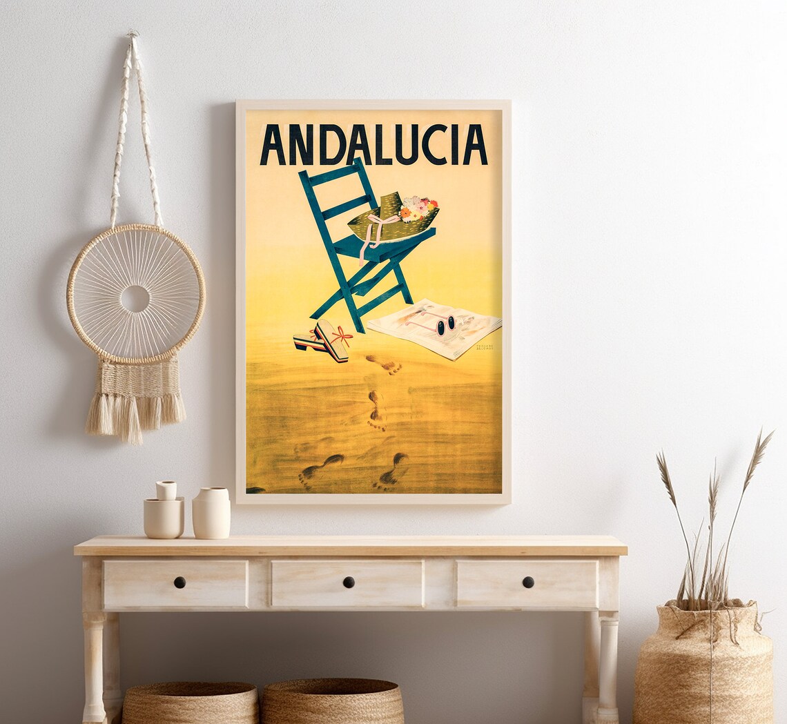 Andalucia Spain Golden Beach Chair Straw Hat Footprints Vintage Poster - Image 4