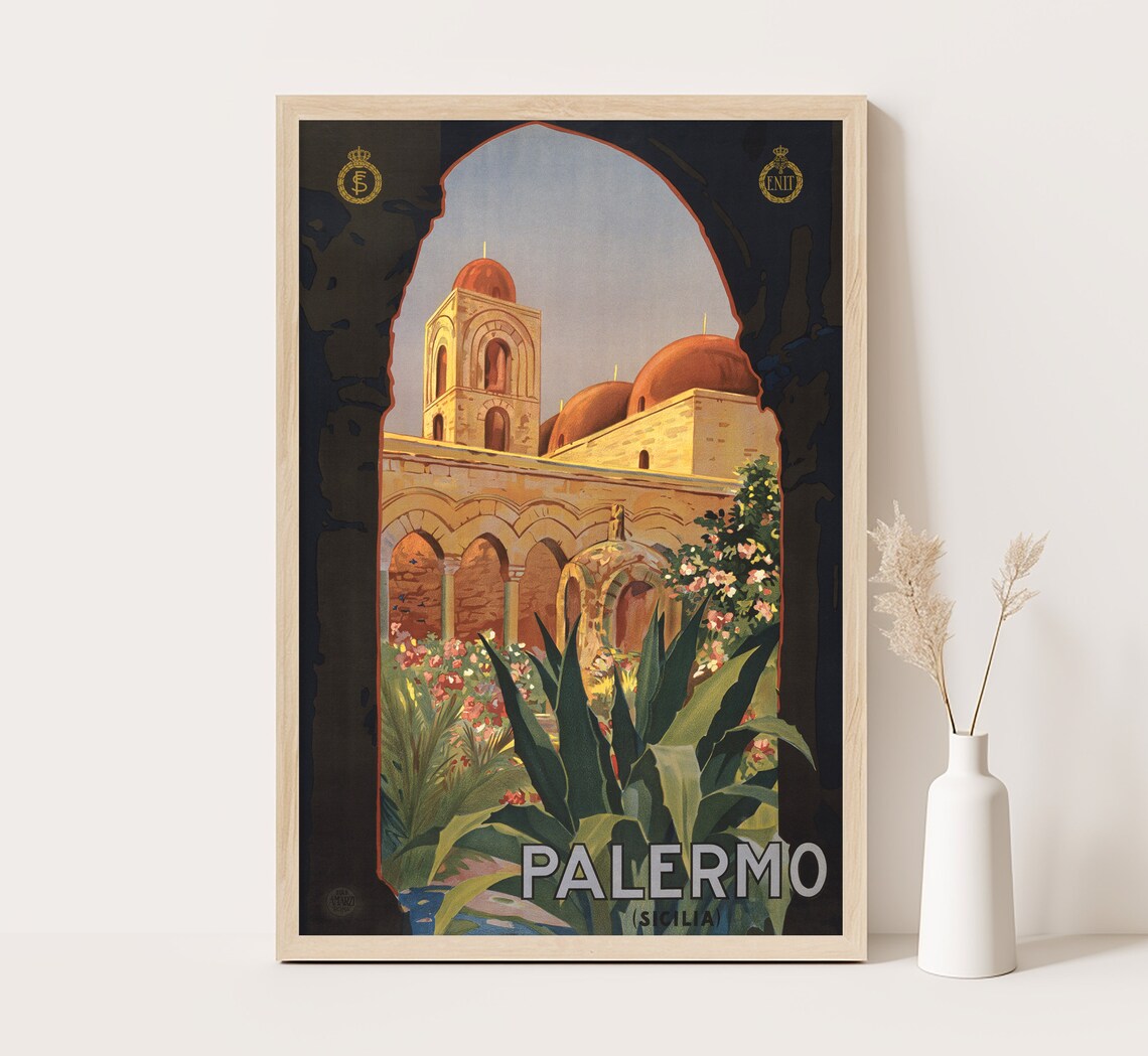 Palermo Sicily Vintage Travel Poster Red Domes Cloister Wall Art Print