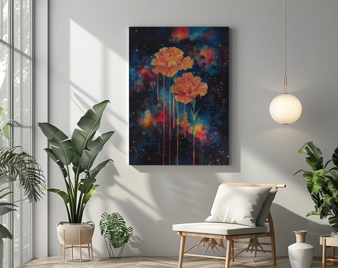 Orange Carnations Blooming Against a Starry Cosmic Night Sky Poster