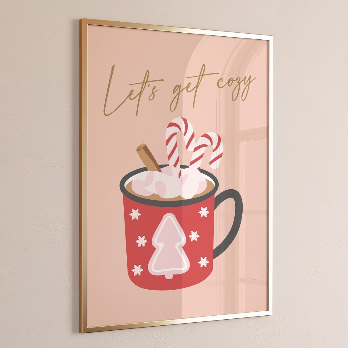 Lets Get Cozy Hot Cocoa Candy Cane Winter Mug Blush Pink Poster