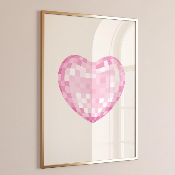 Pink Heart Disco Ball Retro Party Sparkle Valentines Decor Wall Art
