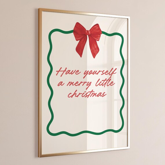 Have Yourself A Merry Little Christmas Red Bow Green Wavy Wall Art