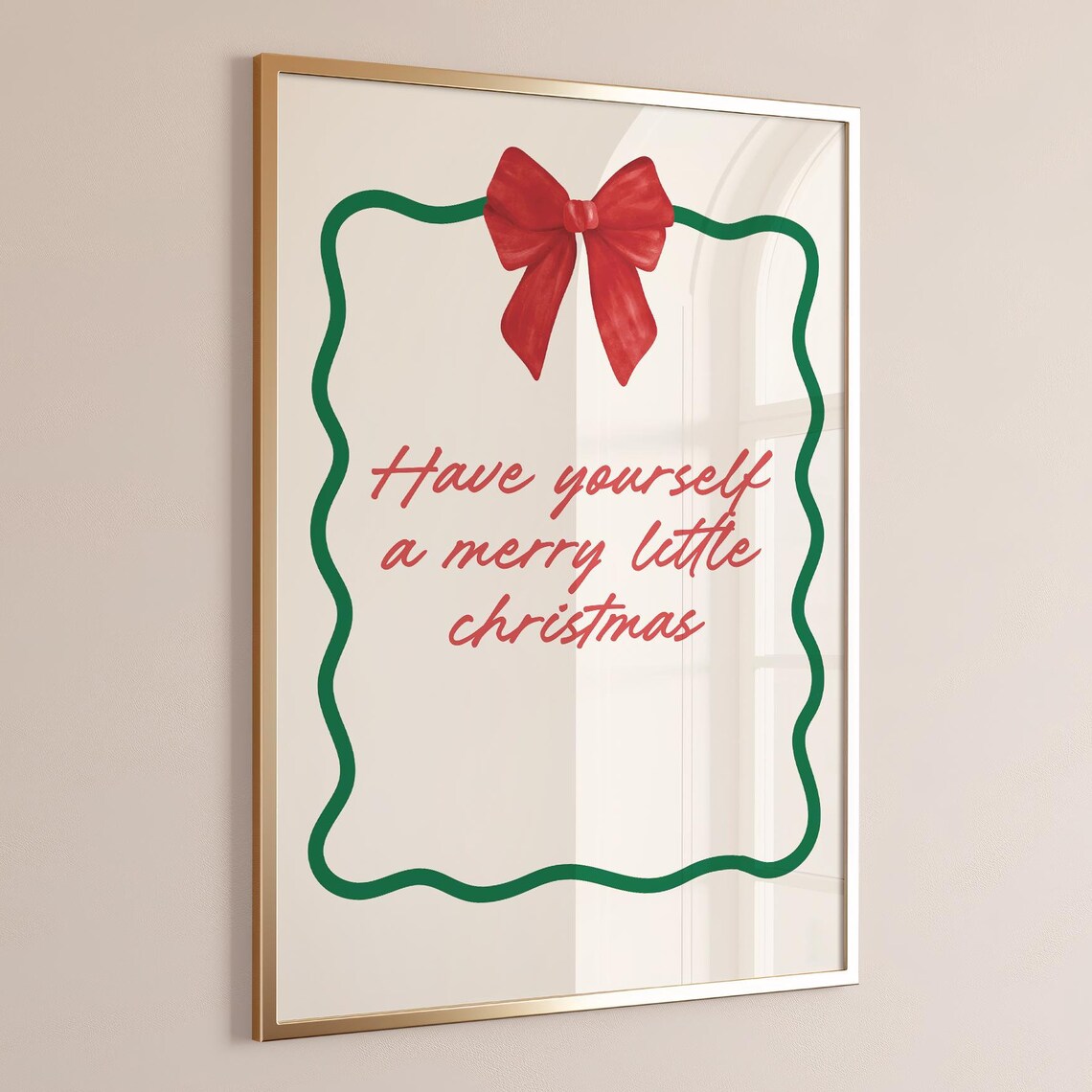 Have Yourself A Merry Little Christmas Red Bow Green Wavy Wall Art