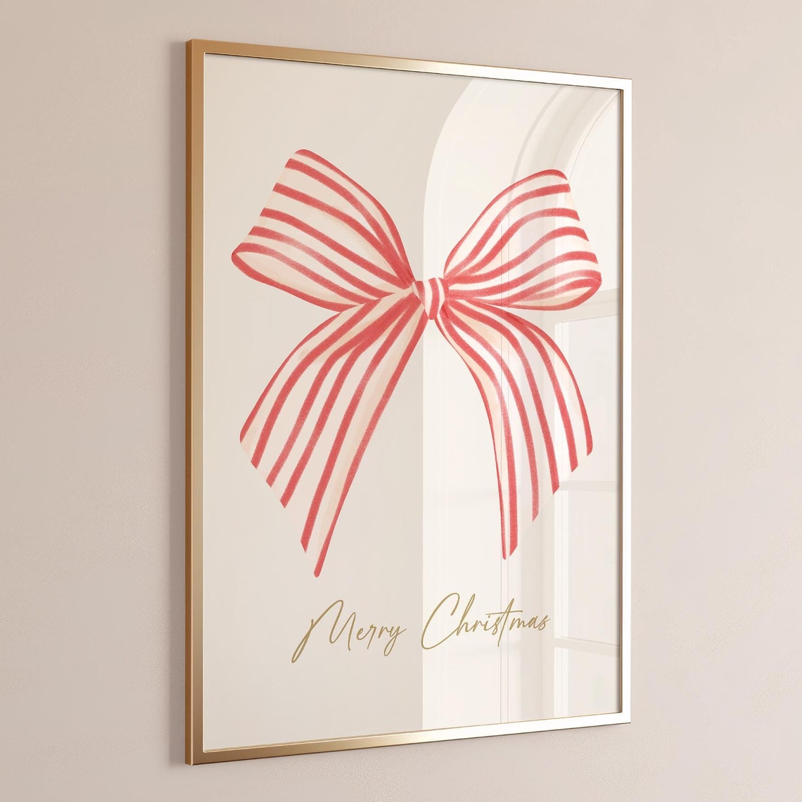 Merry Christmas Big Red Striped Bow Gold Script Holiday Wall Art