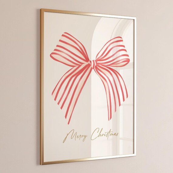 Merry Christmas Big Red Striped Bow Gold Script Holiday Wall Art
