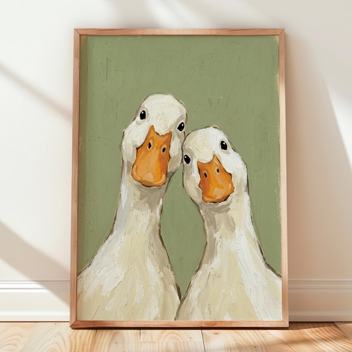 Two White Ducks Close Up Funny Farmhouse Kitchen Oil Painting Print