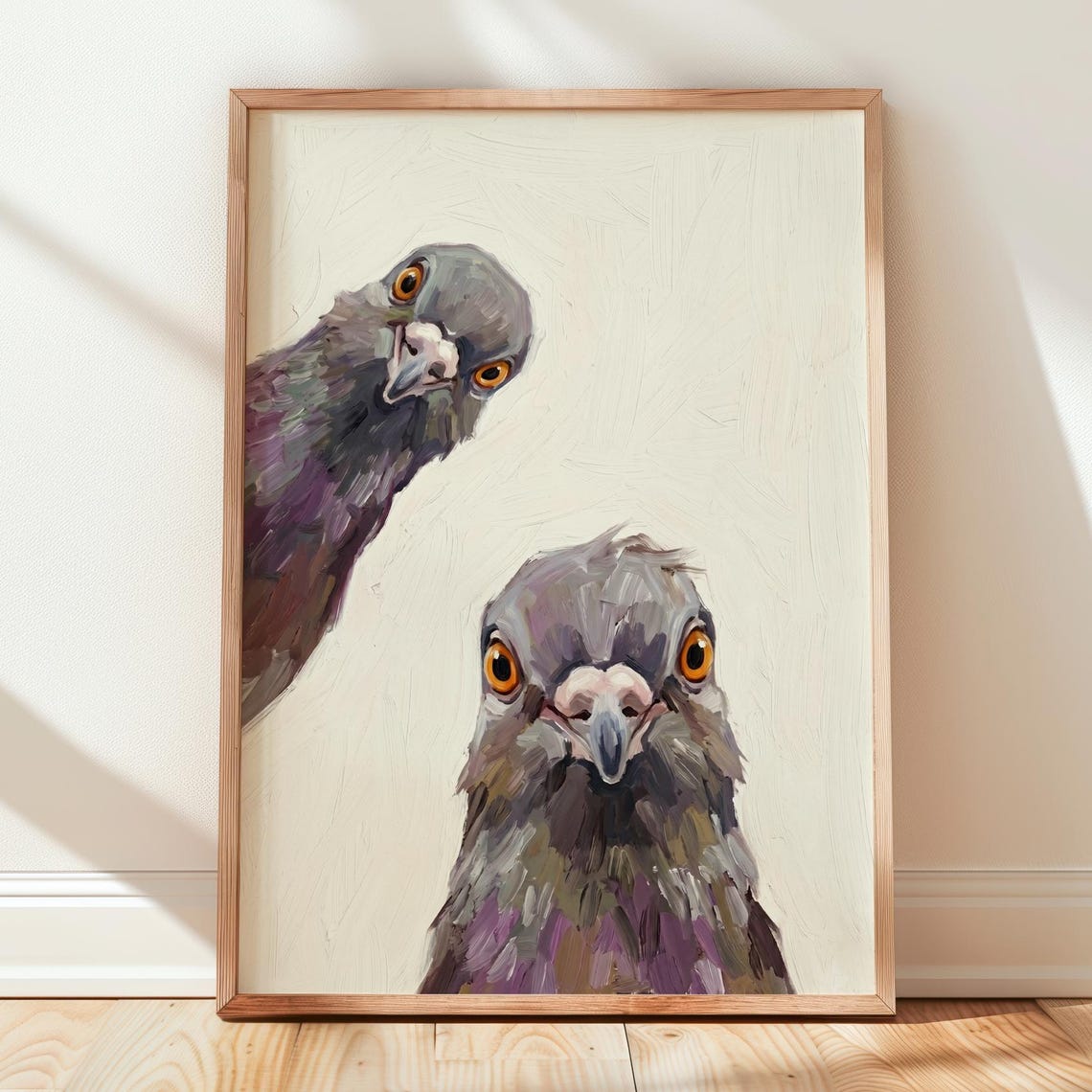 Curious Pigeons Close Up Funny Bird Painting Whimsical Poster