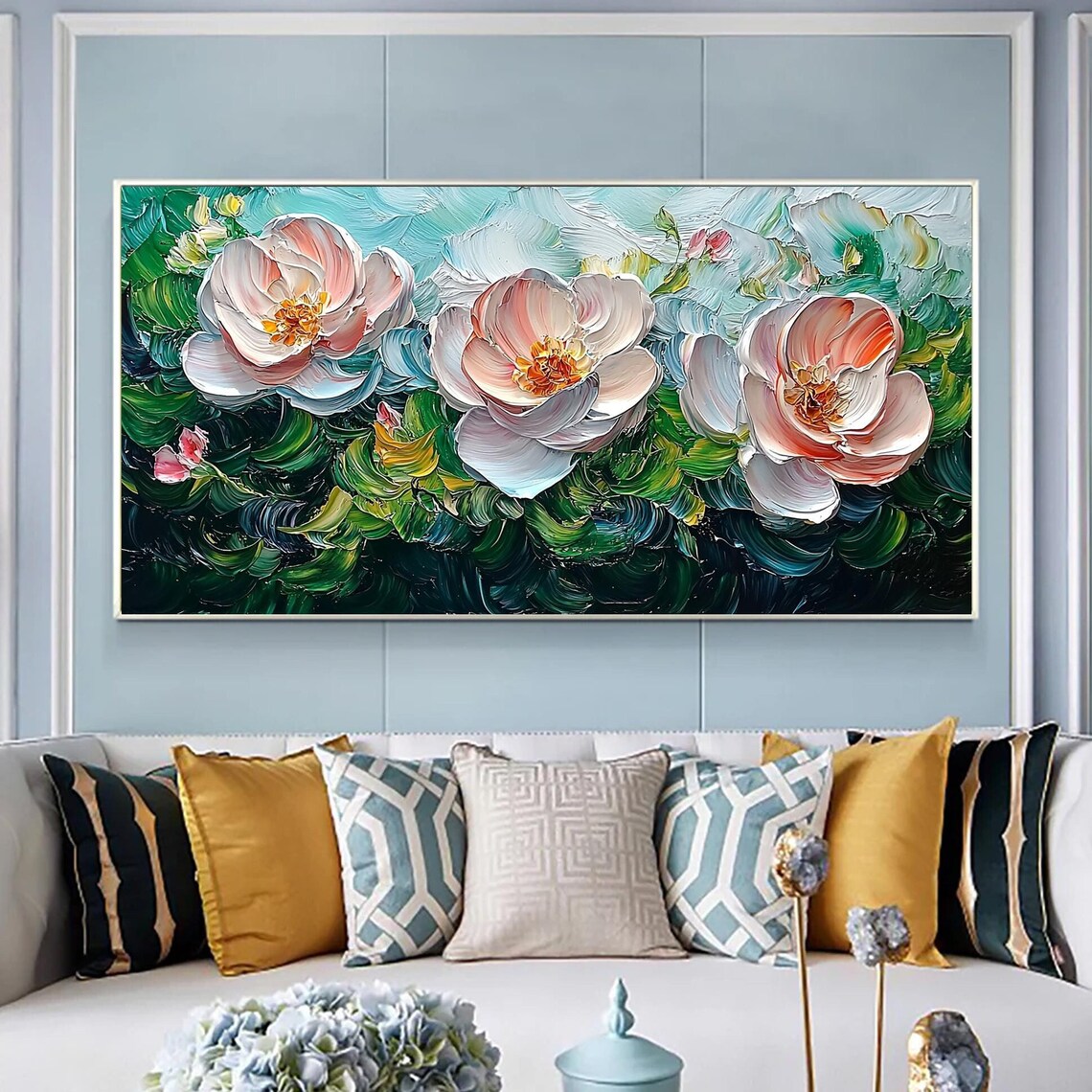 White Pink Peony Trio Blooming on Green Swirl Floral Wall Art