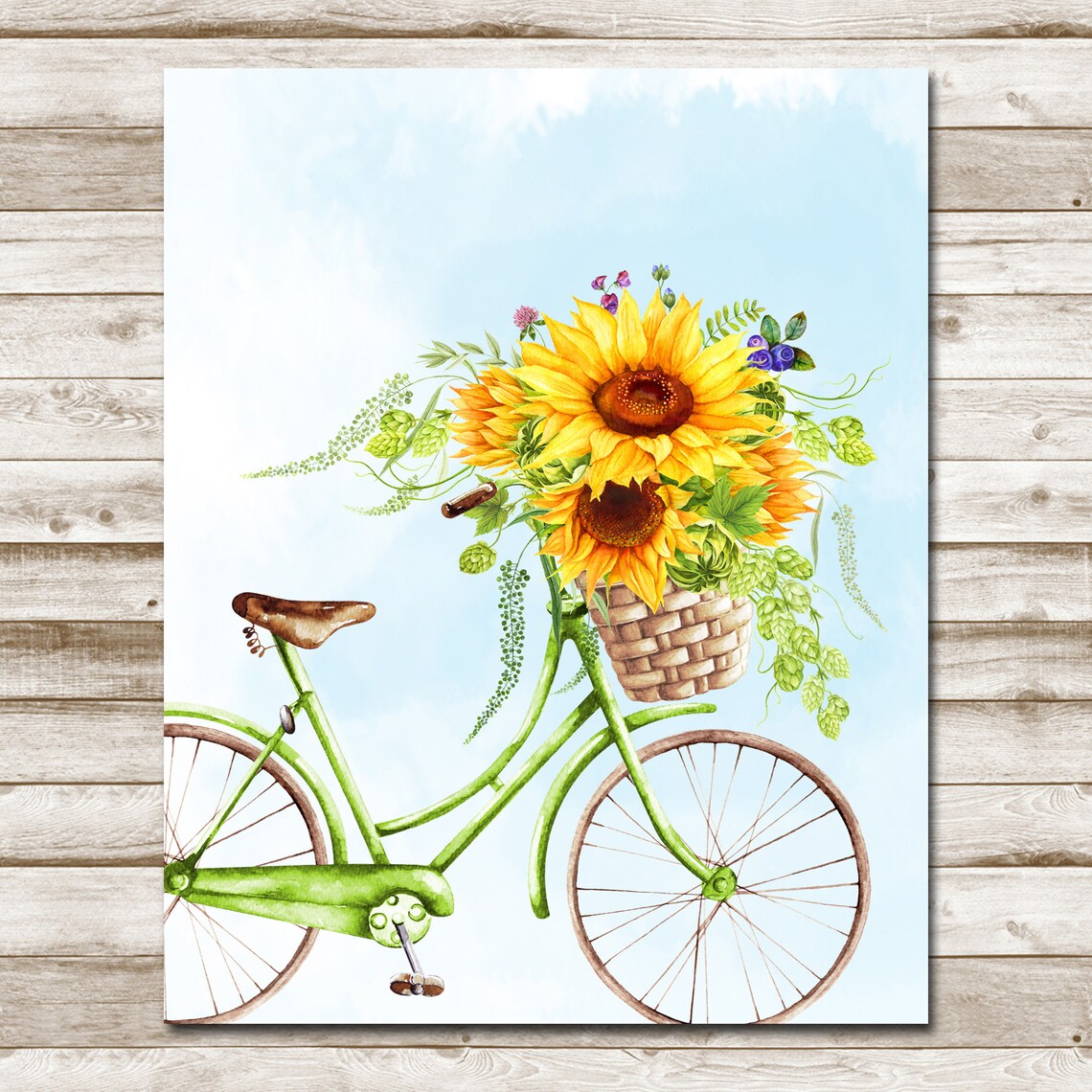 Green Bicycle With Sunflower Basket Summer Watercolor Poster - Image 10