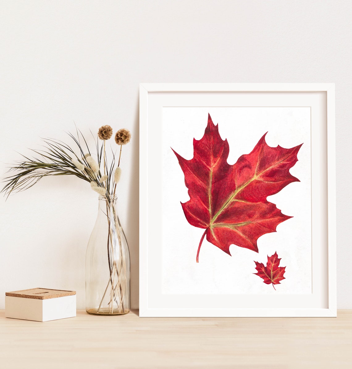 Rustic Autumn Red Maple Leaf Watercolor Fall Botanical Wall Art - Image 3