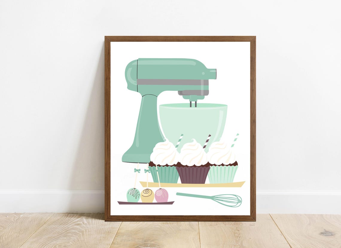 Mint Green Vintage Stand Mixer Cupcakes Kitchen Baking Poster - Image 3