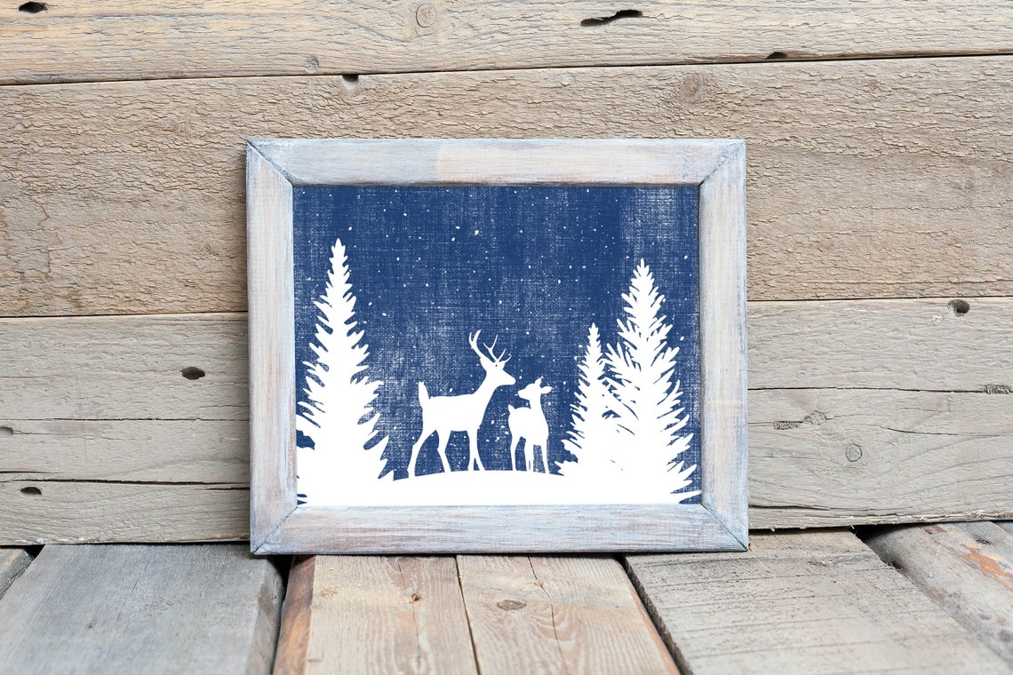 Deer Silhouettes Among Pines White On Navy Winter Snow Scene Poster - Image 5