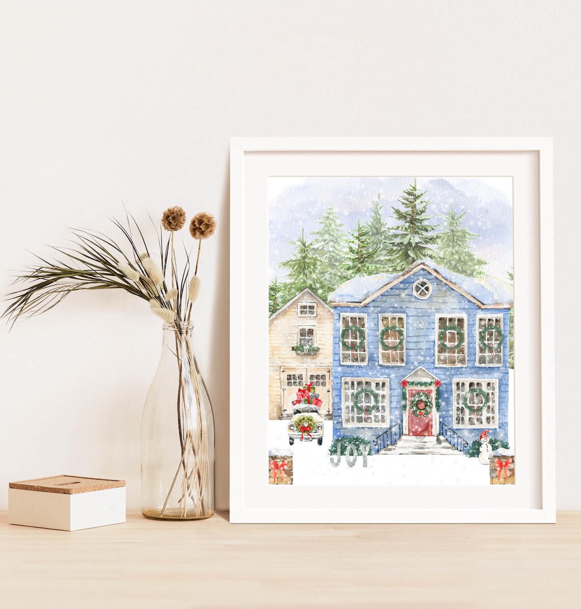 Blue Christmas House With Wreaths Snowy Village Holiday Wall Art - Image 3
