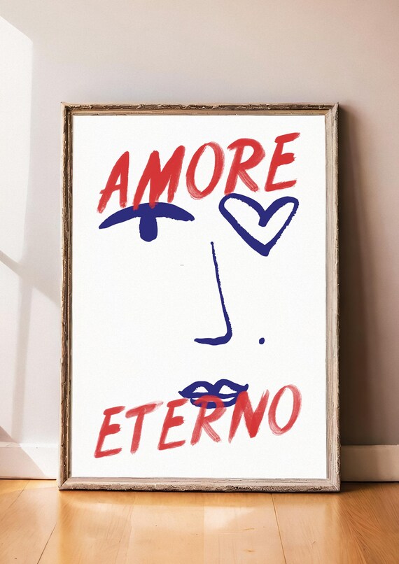 Amore Eterno Abstract Face Typographic Poster Red and Blue Ink