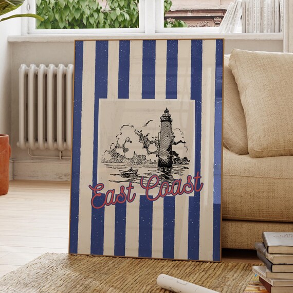 East Coast Lighthouse Nautical Blue Striped Coastal Art Poster