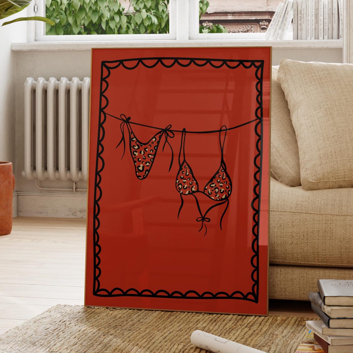 Leopard Bikini Print Bold Red On Line Coquette Decor Beachy Wall Art Funny Bathroom Retro Apartment Dorm