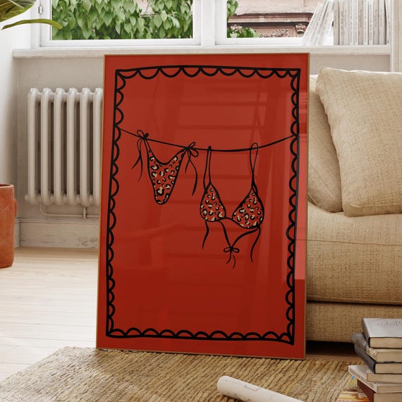 Leopard Bikini Print Bold Red On Line Coquette Decor Beachy Wall Art Funny Bathroom Retro Apartment Dorm