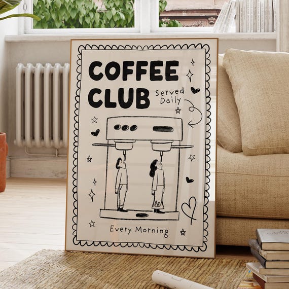 Club Coffee Wall Art Black Retro Poster Signature Drink Sign Trendy Bar Decor Doodle Style Apartment Gift