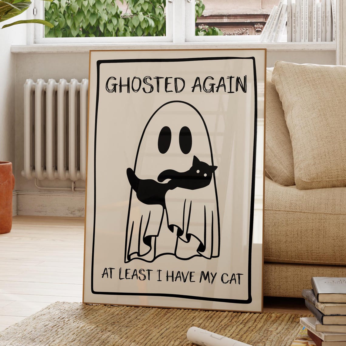 Ghosted Again Funny Ghost Hugging Black Cat Halloween Quote Poster