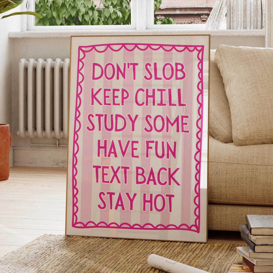Dorm Rules Pink Striped Retro College Roommate Quote Typography Poster