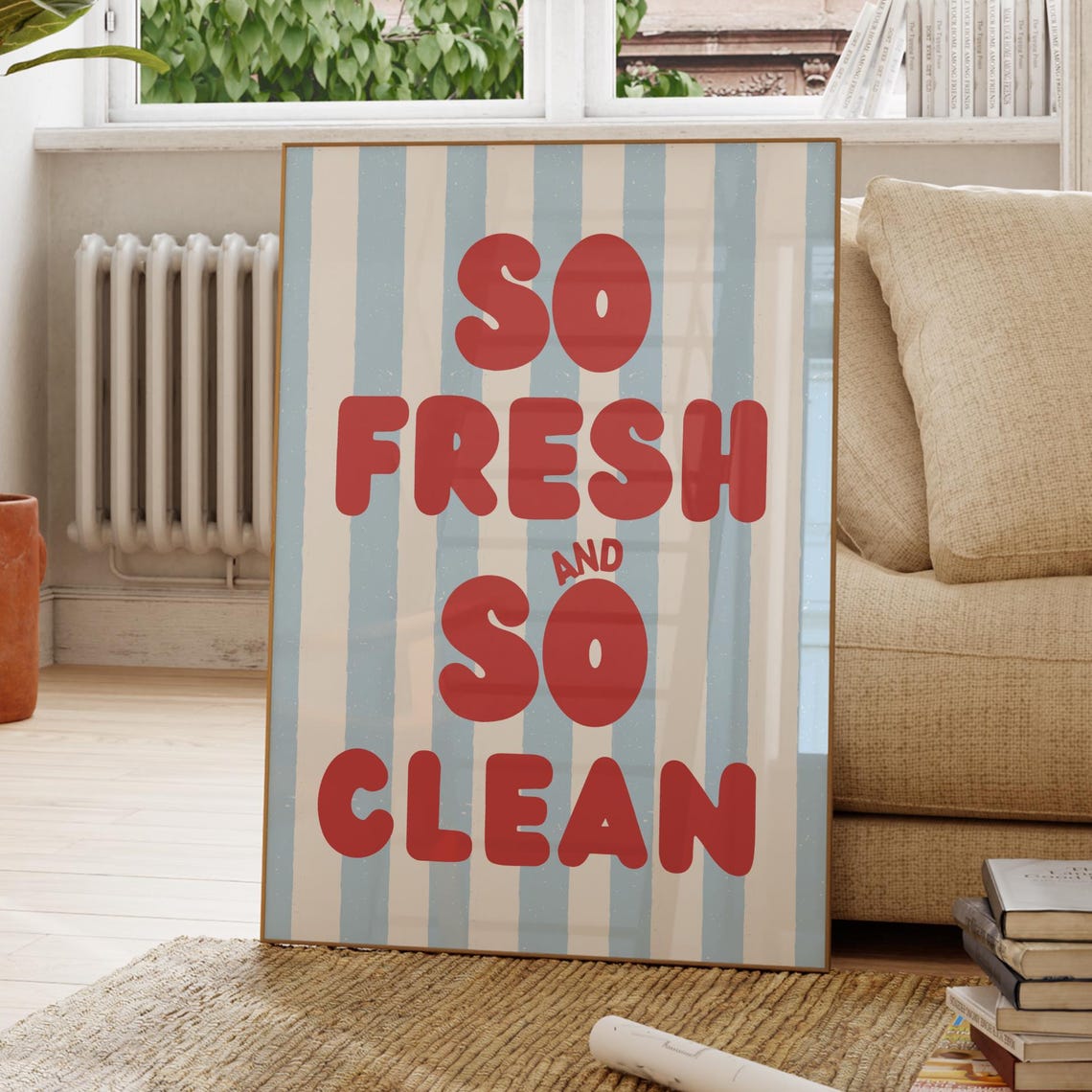 So Fresh And Clean Art Print Red Blue Stripes Funny Bathroom Laundry Room Decor Wall Retro