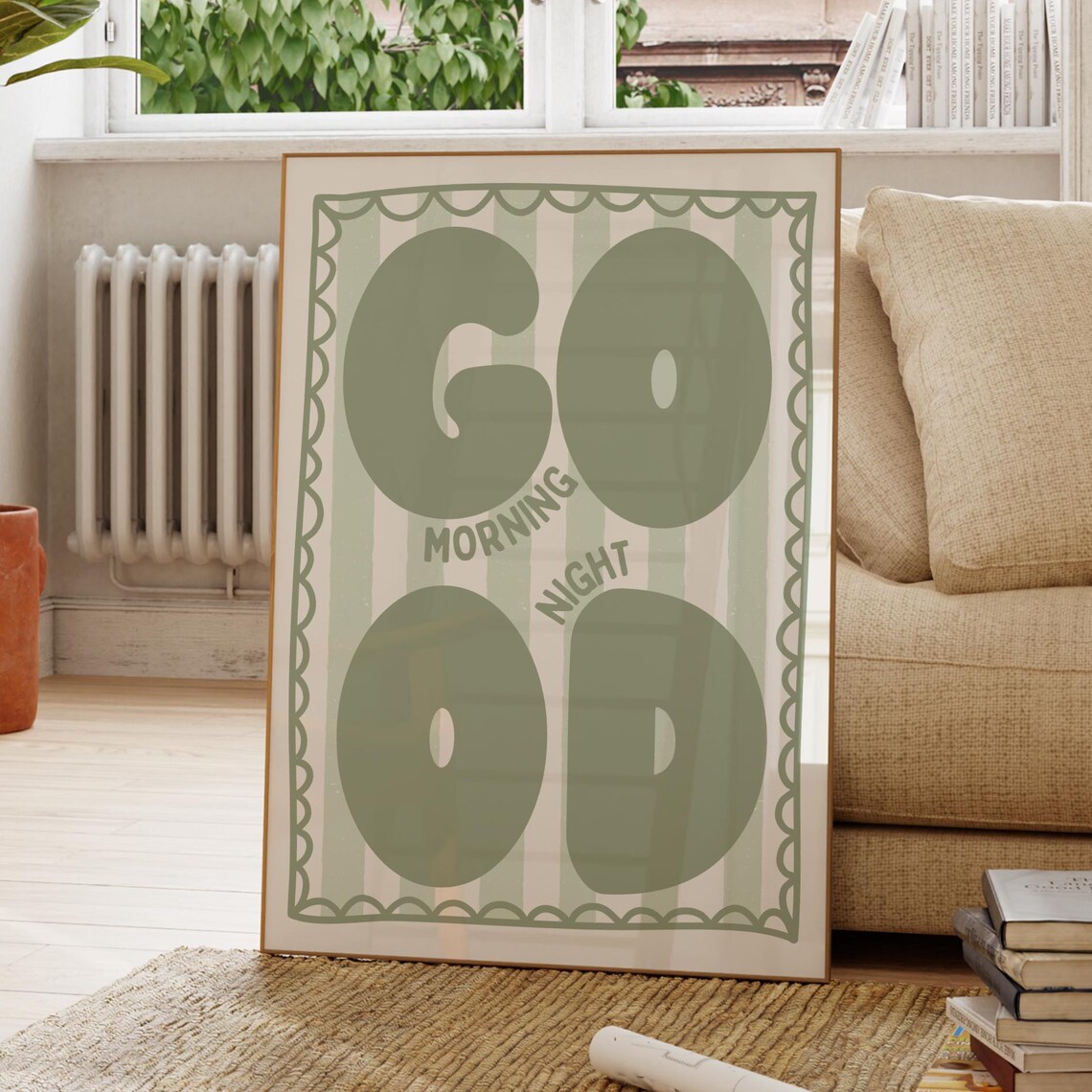 Good Morning Good Night Poster Sage Green Bold Typography Room Decor