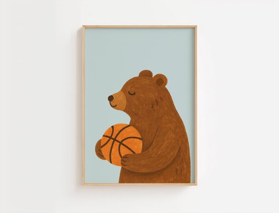 Grizzly Bear Holding Basketball Nursery Sports Kids Room Poster