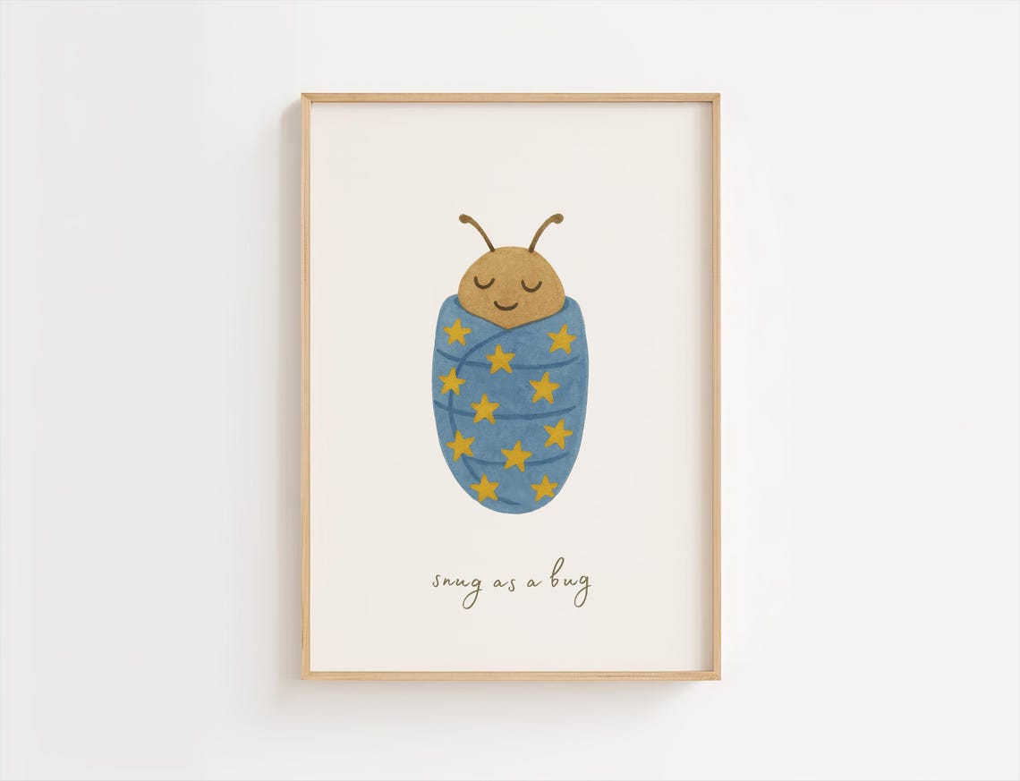 Snug As A Bug Print Wall Art Nursery Prints Toddler Bedroom Sleep Tight Sleeping Animals Bedtime Cute