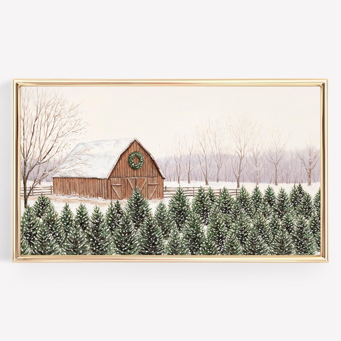 Christmas Tree Farm Red Barn Snowy Field Winter Painting Poster - Image 4