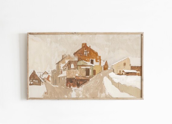 Snowy Village Street Warm Neutral Impressionist Winter Town Poster